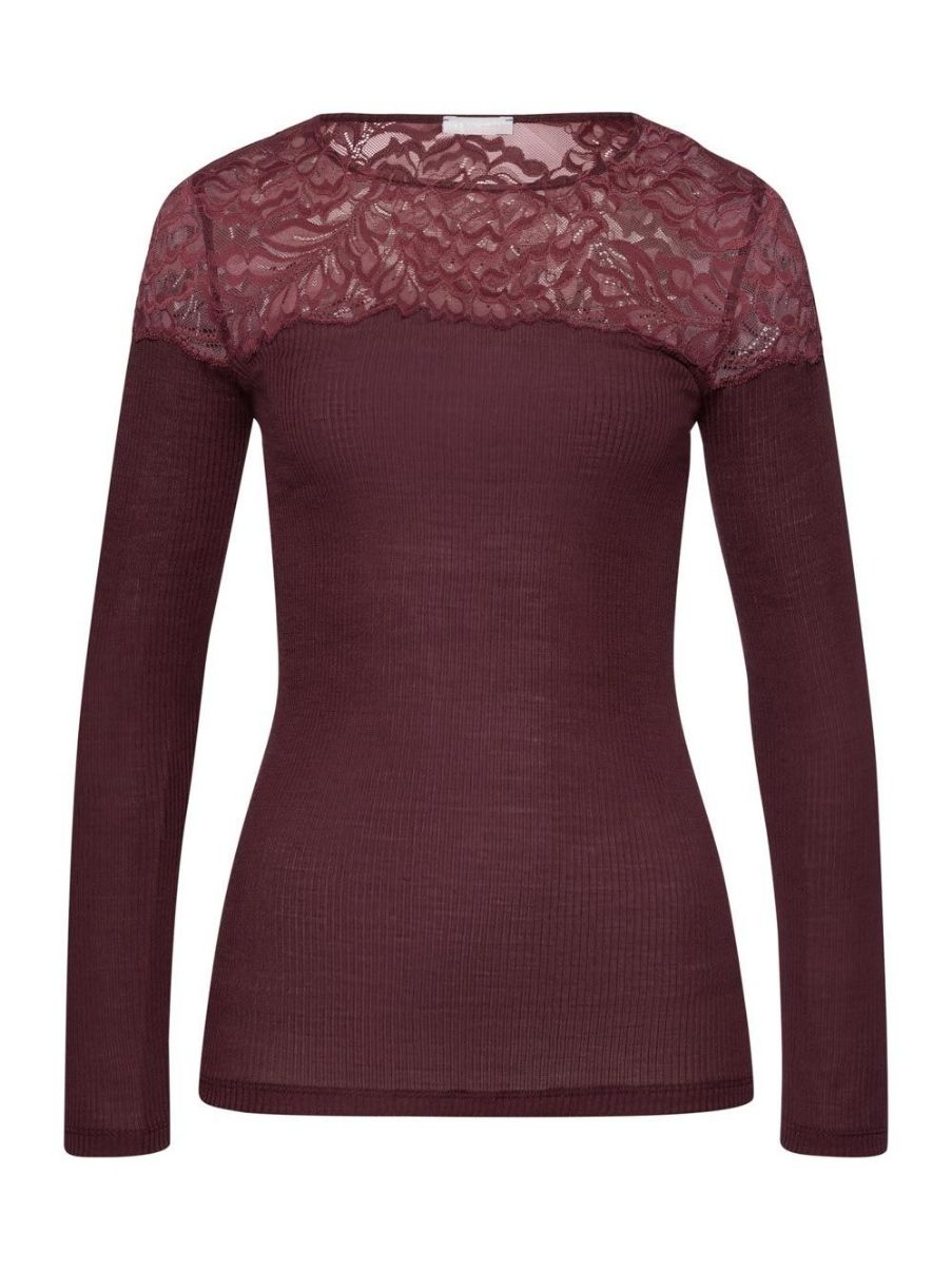 Hanro - Maria L/SLV Shirt uld/silke med blonde - Deep Maroon
