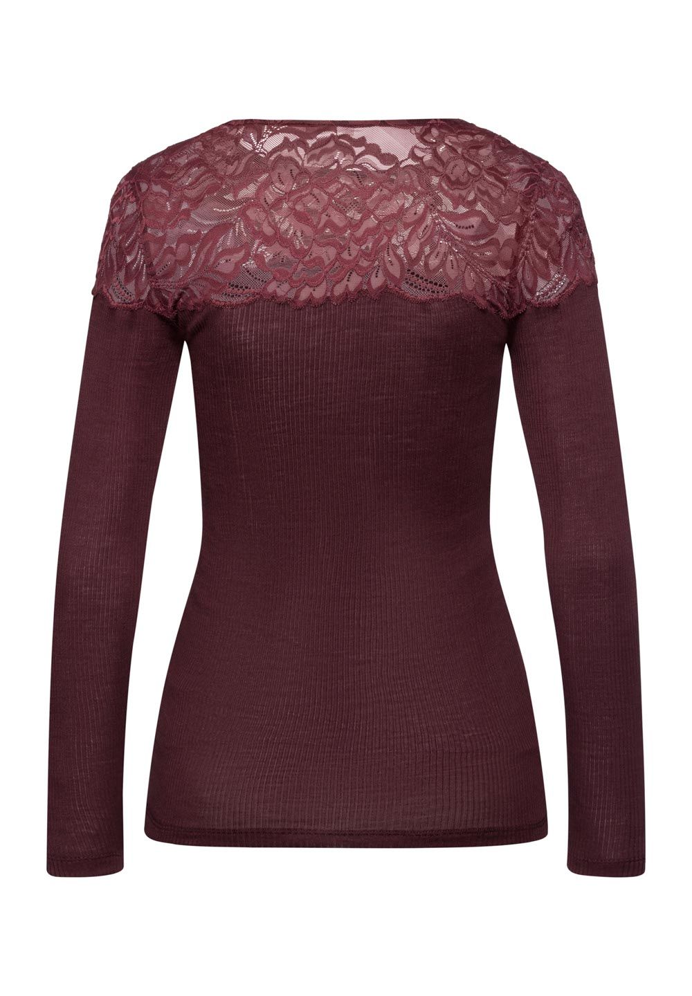 Hanro - Maria L/SLV Shirt uld/silke med blonde - Deep Maroon
