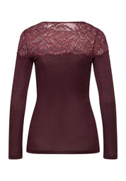 Hanro - Maria L/SLV Shirt uld/silke med blonde - Deep Maroon