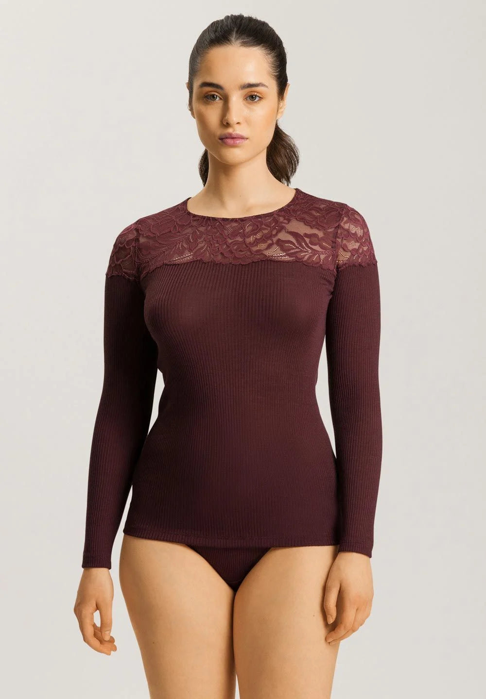 Hanro - Maria L/SLV Shirt uld/silke med blonde - Deep Maroon