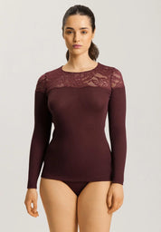 Hanro - Maria L/SLV Shirt uld/silke med blonde - Deep Maroon