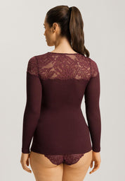 Hanro - Maria L/SLV Shirt uld/silke med blonde - Deep Maroon