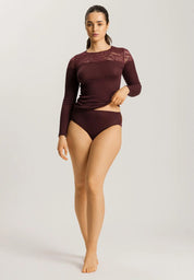 Hanro - Maria L/SLV Shirt uld/silke med blonde - Deep Maroon