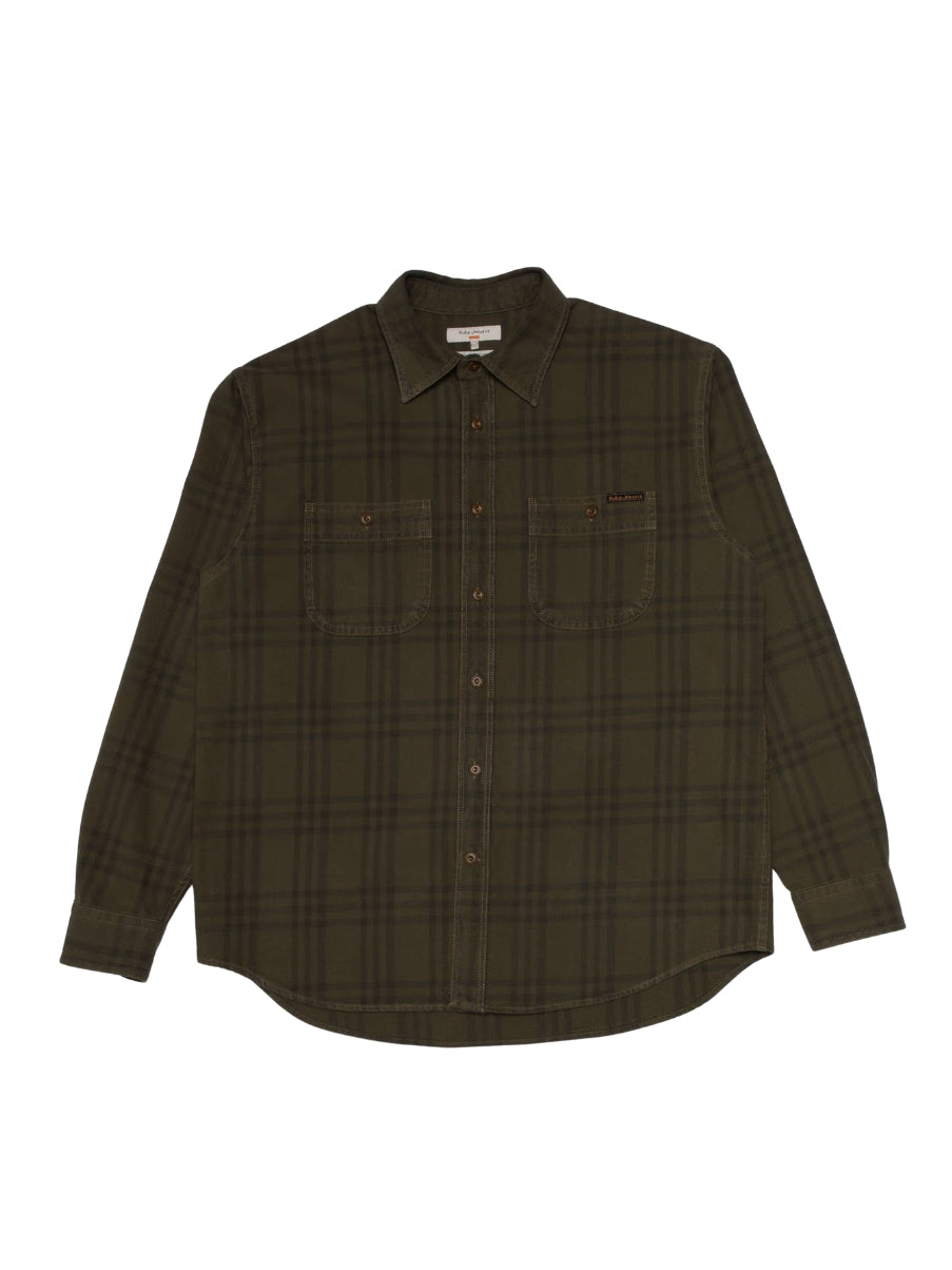 Nudie Jeans Julian Worker Plaid Check Shirt Olive