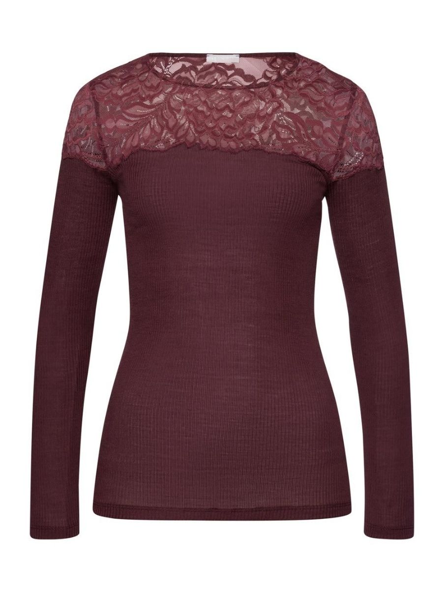 Hanro Maria L/SLV Shirt uld/silke med blonde - Deep Maroon