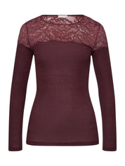 Hanro Maria L/SLV Shirt uld/silke med blonde - Deep Maroon