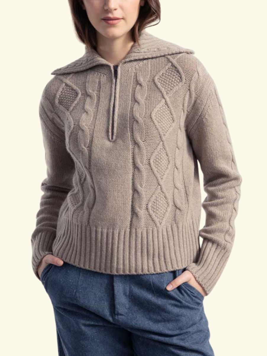 Rifo GIUDITTA Women's Recycled Wool Zip Sweater Sand Beige