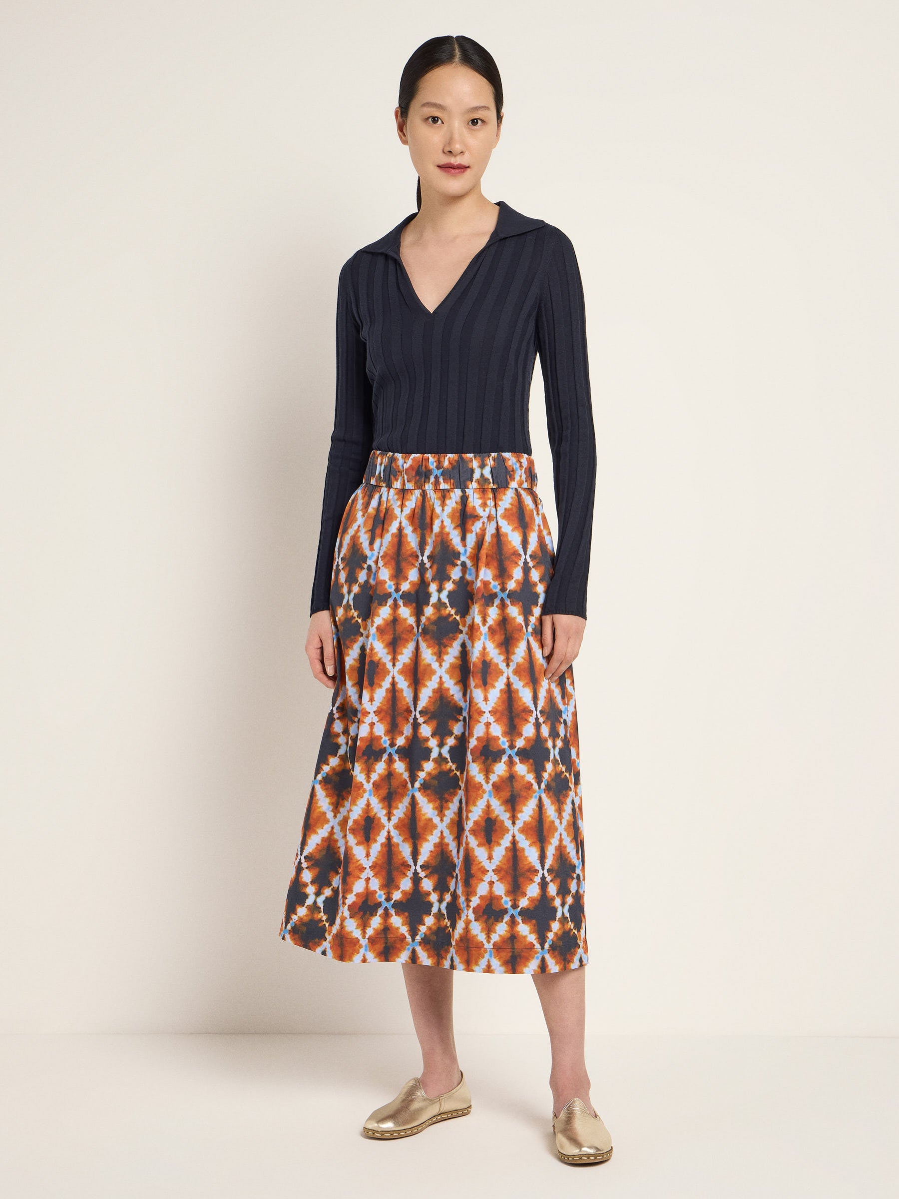 Lanius Midi Skirt with Elastic Waistband (GOTS)  Print Batik Almond
