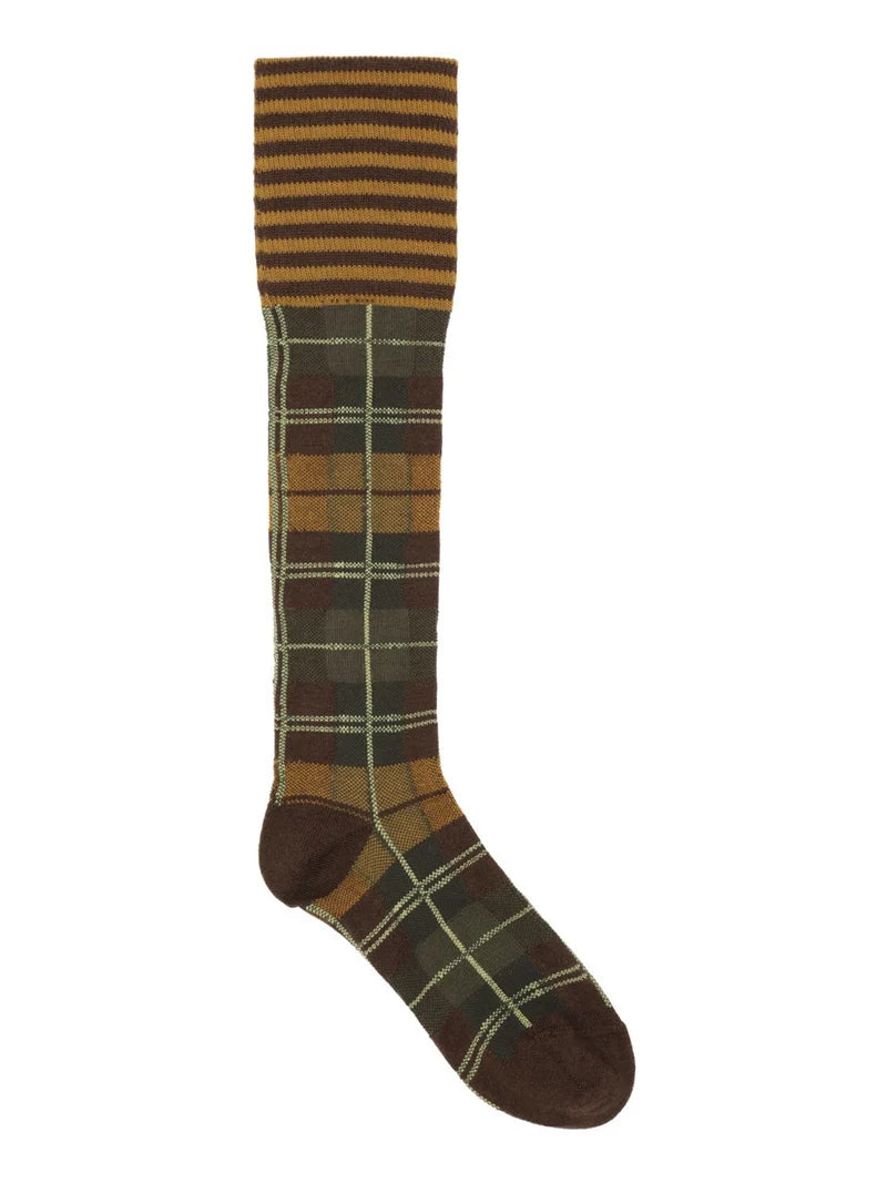 Henrik Vibskov Ribbit Knee Sock - Brown Green Dashed Checks