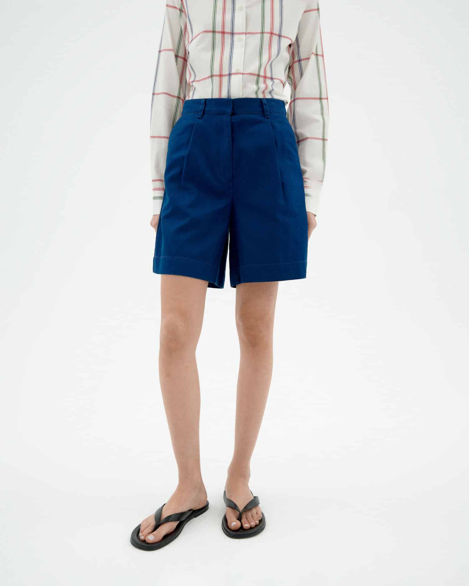 thinking Mu Blue pleats hemp Lia bermuda shorts