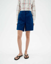 thinking Mu Blue pleats hemp Lia bermuda shorts