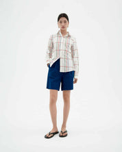 thinking Mu Blue pleats hemp Lia bermuda shorts